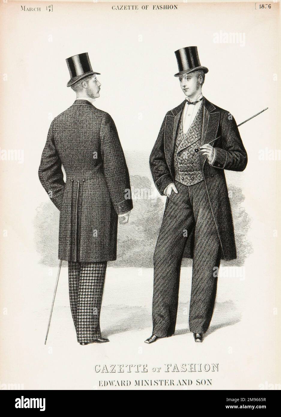 Die neuesten Moden für Männer von Edward Minister and Son, die in der Modezeitschrift zu sehen sind. Die beiden Männer tragen Schwanzmäntel, Seidenhüte, zweireihige Westen und Gehstöcke. Stockfoto