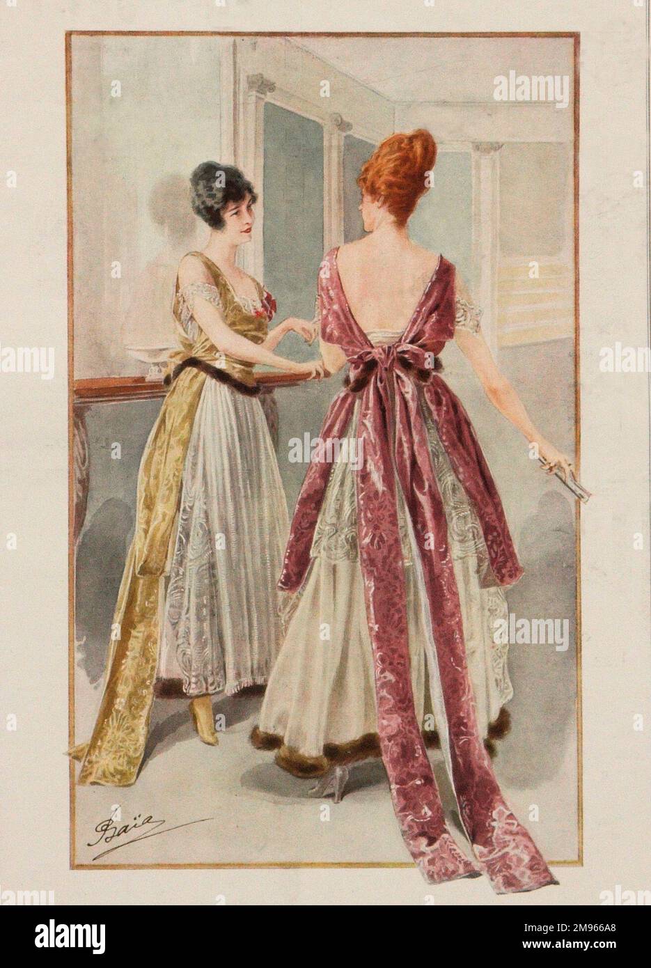 Abendgarderobe für 1916 Personen, die zwei elegante Damen zeigen, die ärmellose, tiefe Kleider mit hoher Taille und lange Röcke, typisch für die Zeit des ersten Weltkriegs, vorführen. Stockfoto