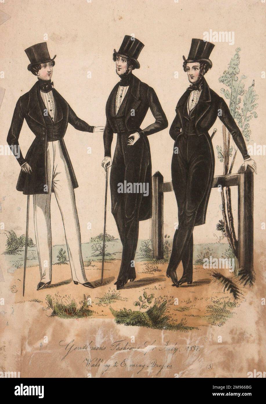 Herrenmode aus dem frühen 19. Jahrhundert mit schlanken Mänteln, Hosen mit hohem Bund, Seidenhüten und Gehstöcken. Stockfoto