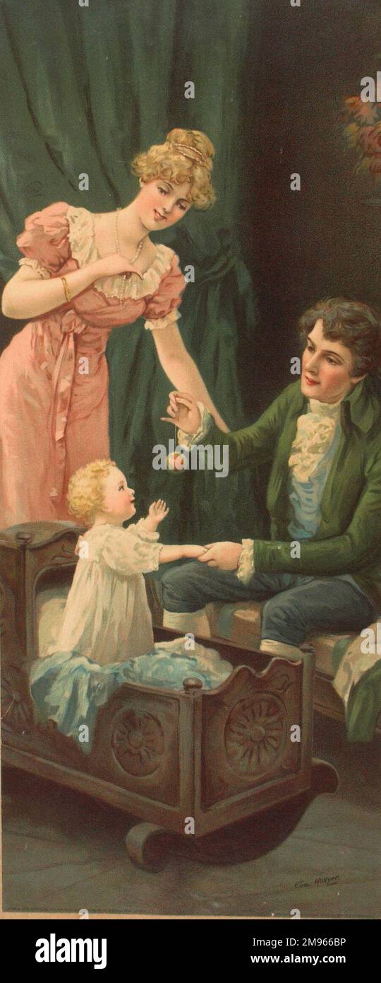 Zwei Eltern in Regency-Kleidern bewundern ihr Baby, das nicht aussieht, als wolle es ins Bett. Stockfoto