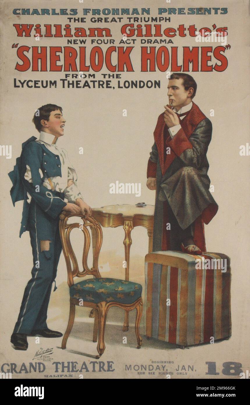 Theaterposter mit einem vierteiligen Drama von Sherlock Holmes, gespielt im Grand Theatre in Halifax, der Show, die vom Lyceum Theatre in London kommt. Holmes, die Erschaffung von Sir Arthur Conan Doyle, wird dargestellt, wie er seinen Fuß auf einem Koffer ruht und eine Pfeife raucht. Stockfoto