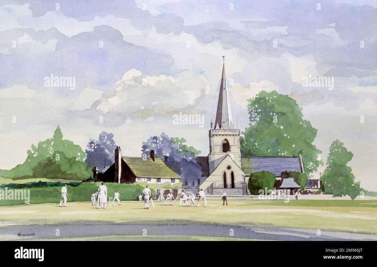Eine klassische englische Dorfszene mit Cricket, gespielt unter dem wachsamen Blick auf den Kirchturm. Malerei von Malcolm Greensmith. Stockfoto