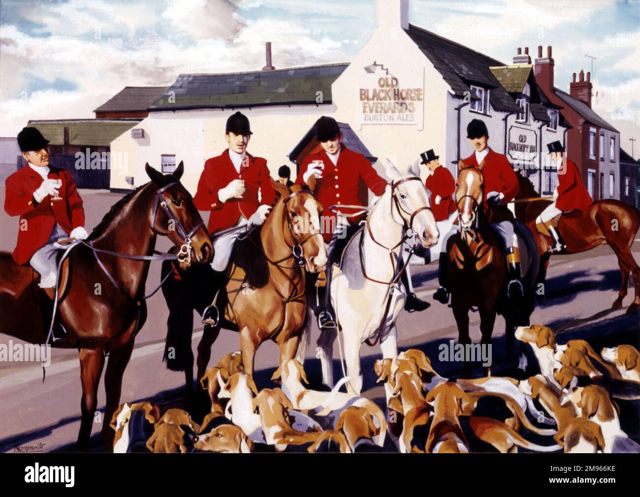 Eine Gruppe von Reitern und ihren Hunden stoßen einen Tag bei der Jagd vor einem lokalen Pub an. Malerei von Malcolm Greensmith Stockfoto