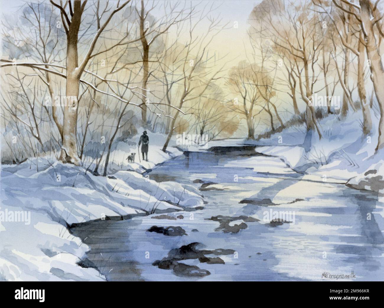 Ein alter Mann mit einem Gehstock führt seinen Hund in dieser winterlichen Szene am Ufer eines eisigen, teilweise gefrorenen Bachs entlang. Malerei von Malcolm Greensmith Stockfoto
