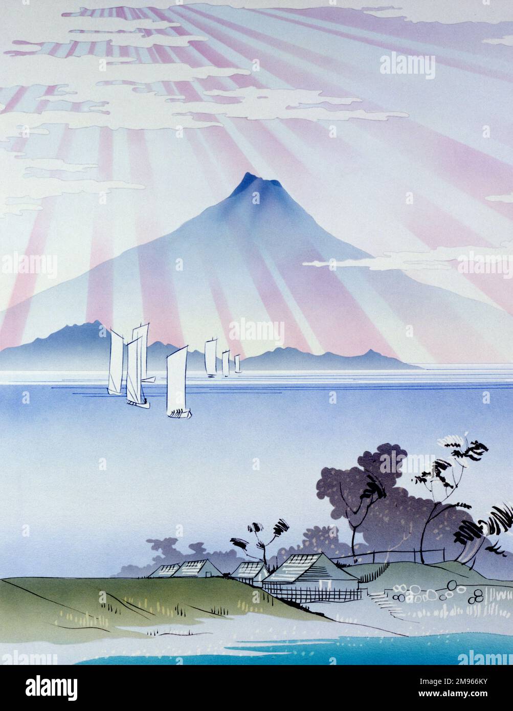 Ein stilvoller Blick auf den Fuji in Japan im Stil der berühmten japanischen Holzdruckereien des späten 18. Und 19. Jahrhunderts. Malerei von Malcolm Greensmith. Stockfoto