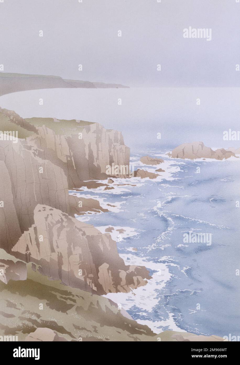 Die Wellen stürzen an einer steilen felsigen Küste mit dunklen hohen Klippen ab. Aquarellmalerei von Malcolm Greensmith. Stockfoto