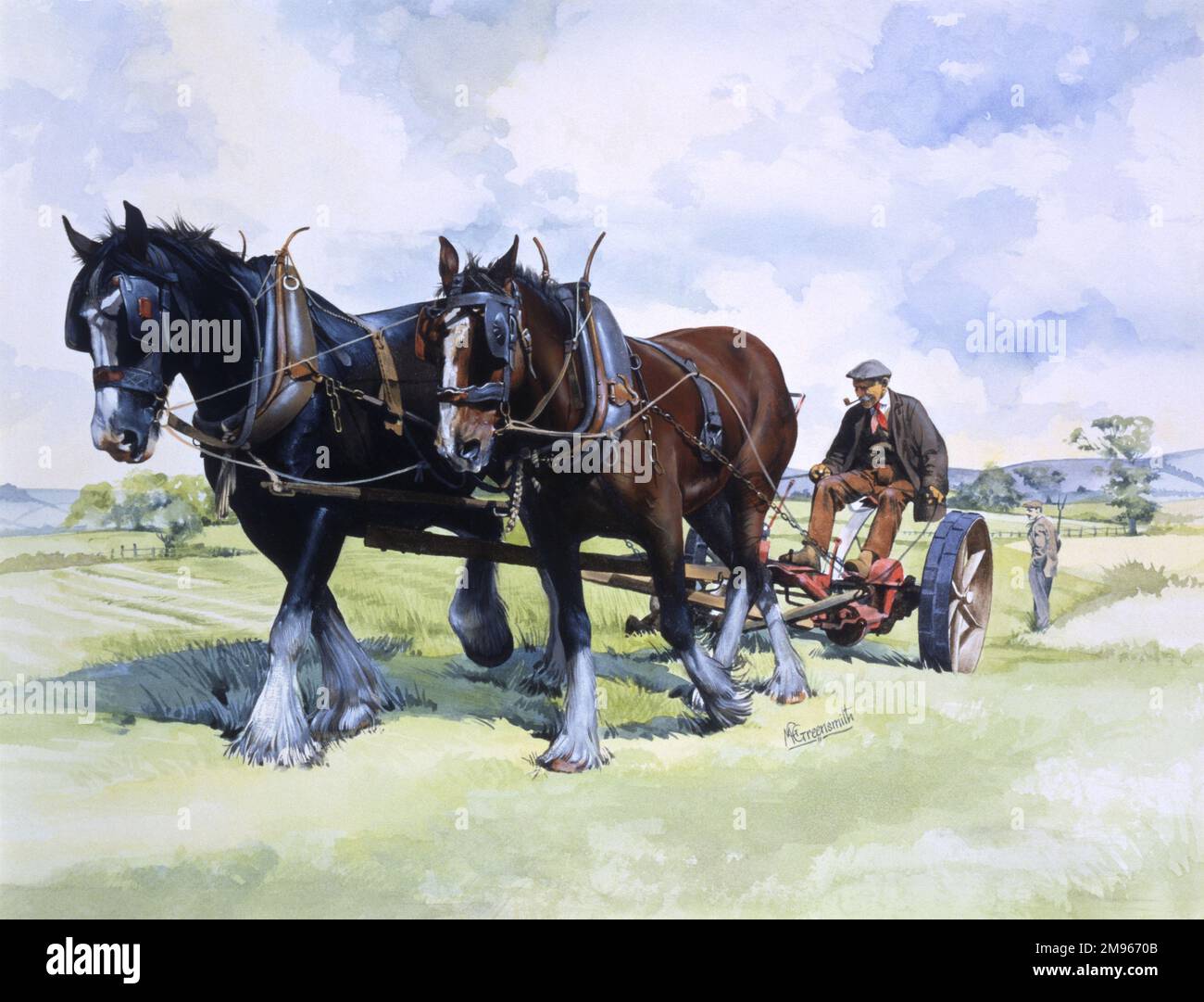 Ein Team arbeitender Pferde beim Pflügen auf den Feldern. Malerei von Malcolm Greensmith Stockfoto