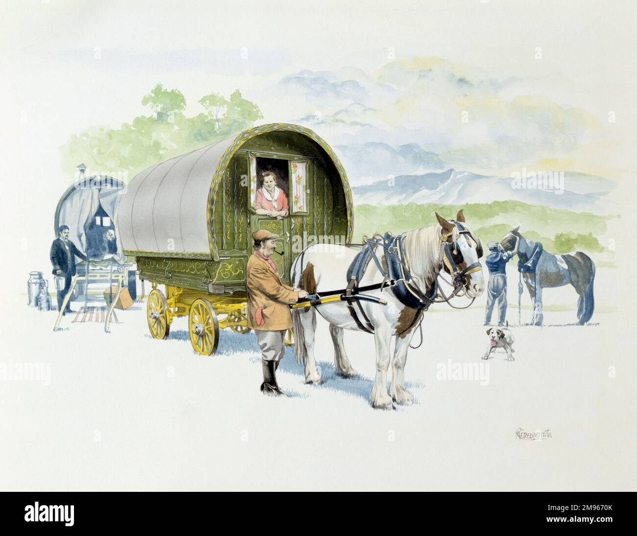 Eine Gruppe von Reisenden und ihre Pferdekarawanen/Wagen. Malerei von Malcolm Greensmith Stockfoto