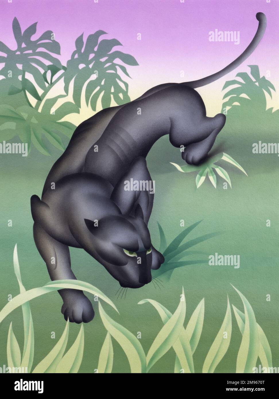 Ein hoch gestyltes Airbrush-Gemälde von Malcolm Greensmith von einem Black Panther, einem melanistischen jaguar (Panthera onca), auf dem Weg durch einen launisch beleuchteten Dschungel. Stockfoto