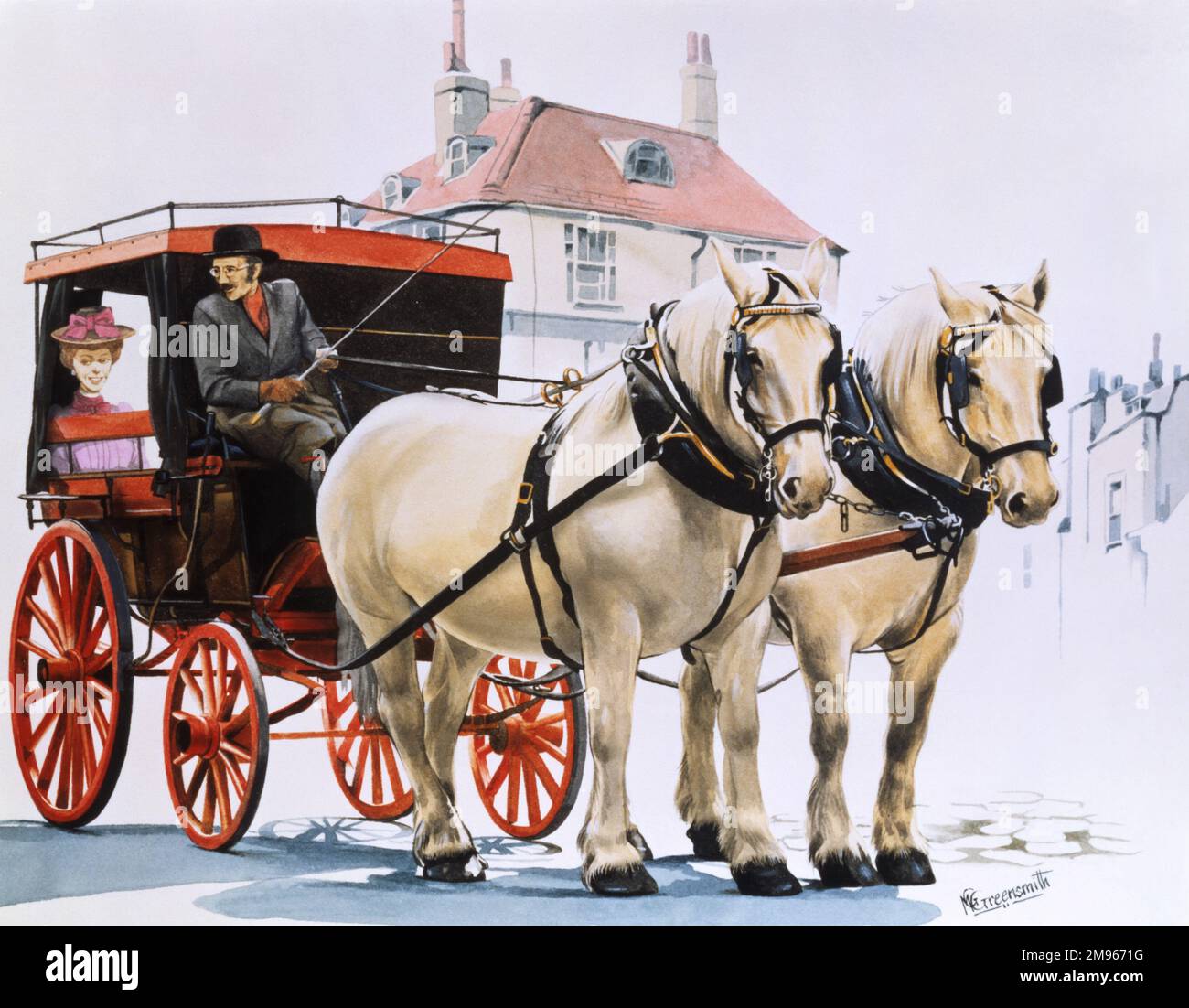Die Dame wurde in einer Kutsche transportiert, die von zwei weißen Pferden gezogen wurde. Malerei von Malcolm Greensmith Stockfoto