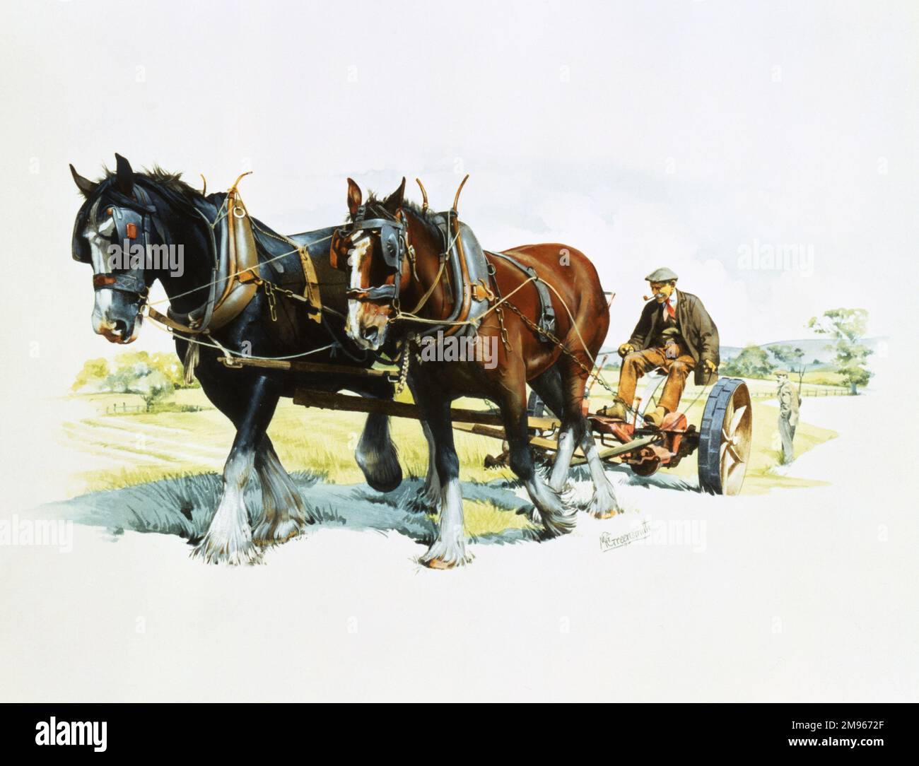 Ein Team arbeitender Pferde beim Pflügen auf den Feldern. Malerei von Malcolm Greensmith Stockfoto