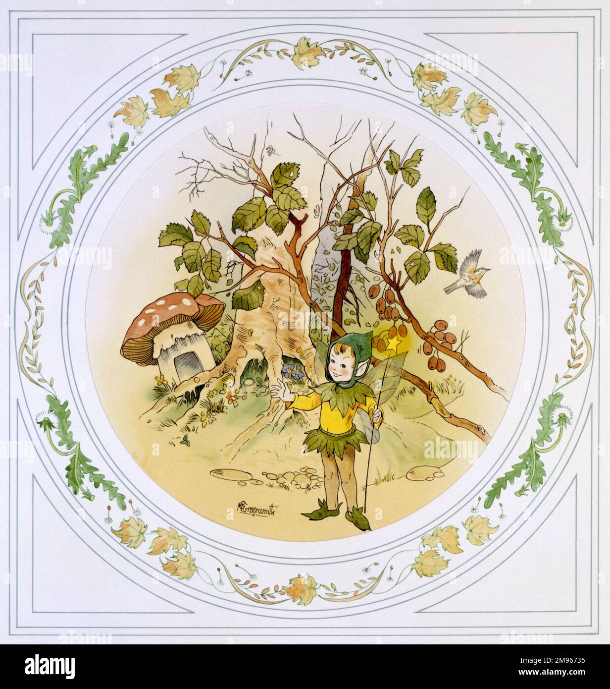 Eine junge elfen-Sprite, die im Unterholz in der Nähe eines gesprenkelten Kehlhockers steht. Aquarellmalerei von Malcolm Greensmith mit kreisförmigem Rand Stockfoto