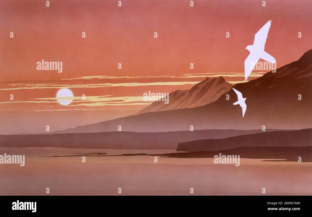 Eine Fantasy-Landschaft bei Sonnenuntergang mit zwei Greifvögeln (Peregrine Falcons?) Sie schweben über eine Landschaft mit hohen Gipfeln, einem stillen Meer und umhüllenden Nebel gegen die absteigende, blass glühende Kugel der Sonne. Airbrush-Malerei von Malcolm Greensmith Stockfoto