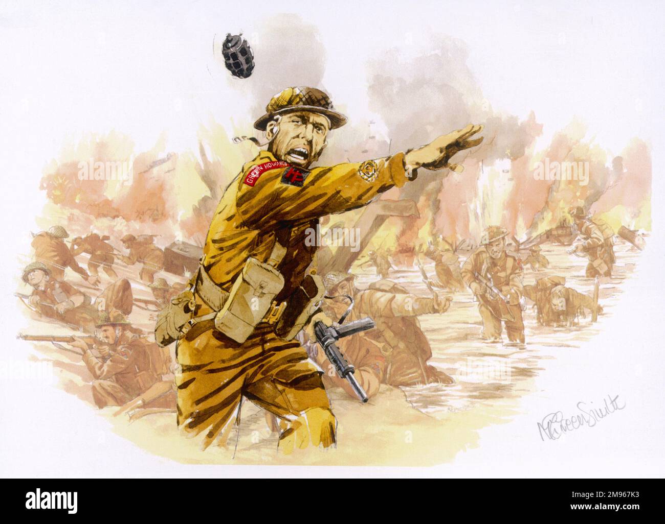Granatenangriff. Ein britischer Soldat wirft eine Handgranate auf eine deutsche Position während des Angriffs auf die Strände der Normandie am 6. Juni 1944 - D-Day - die zweite Phase der Operation Overlord. Stockfoto