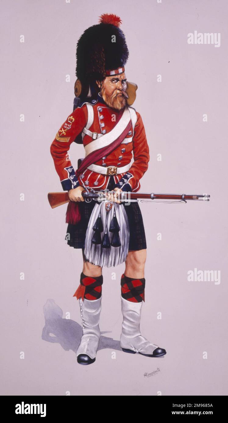 Oberfeldwebel von 42. Highlanders (die Black Watch) (das Royal Highland Regiment) - trägt den vollen Kampfbefehl. Er trägt das zweireihige (kurzlebige) Dublet, das am Ende des Crmean-Krieges entstanden ist. Malerei von Malcolm Greensmith Stockfoto