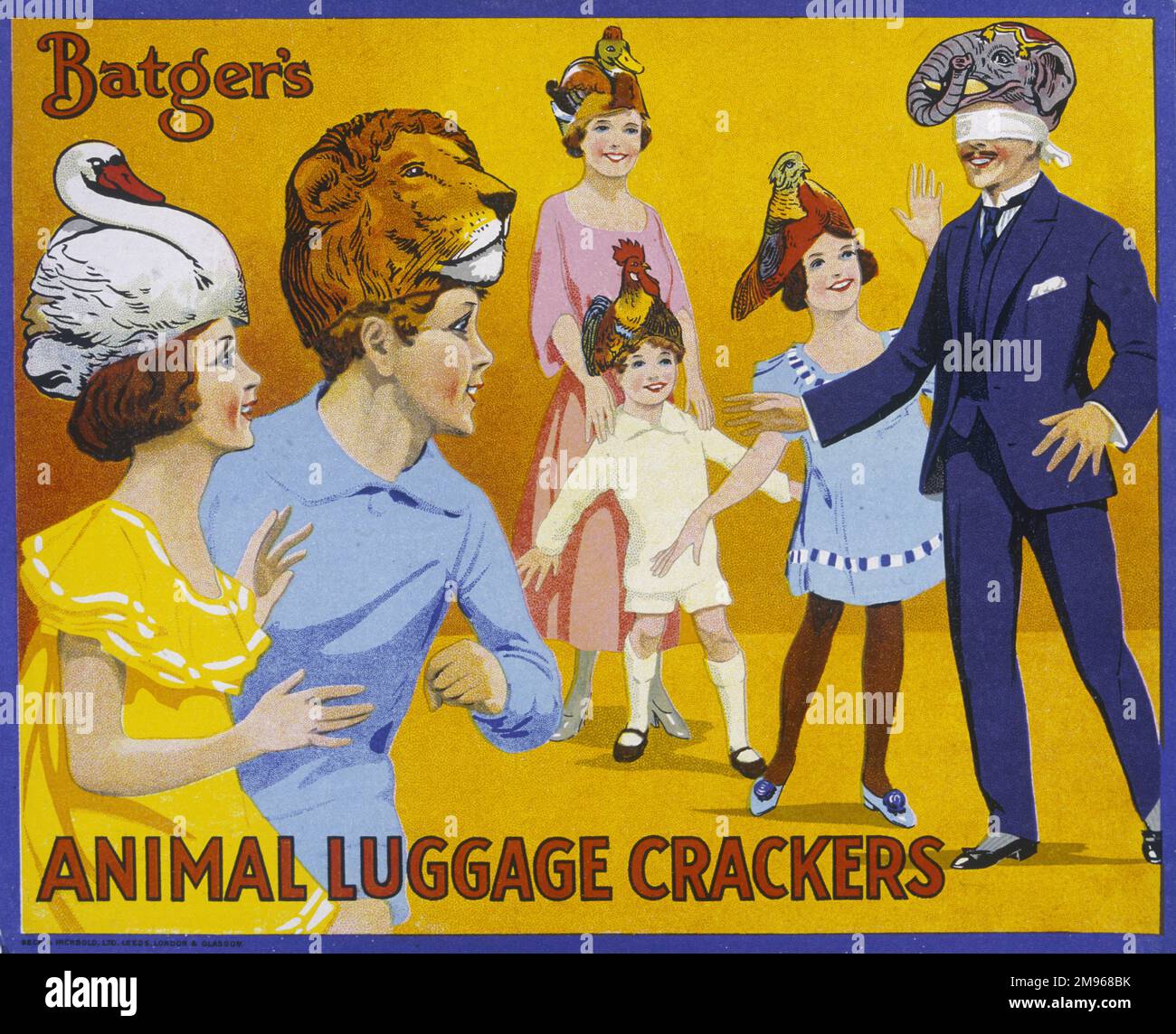 Etikett für eine Schachtel mit Batgers Animal Gepäckcrackern, die eine Partyszene mit Kindern zeigen, die sehr seltsame Tierkopfhauben tragen, vermutlich Teil der Cracker. Stockfoto