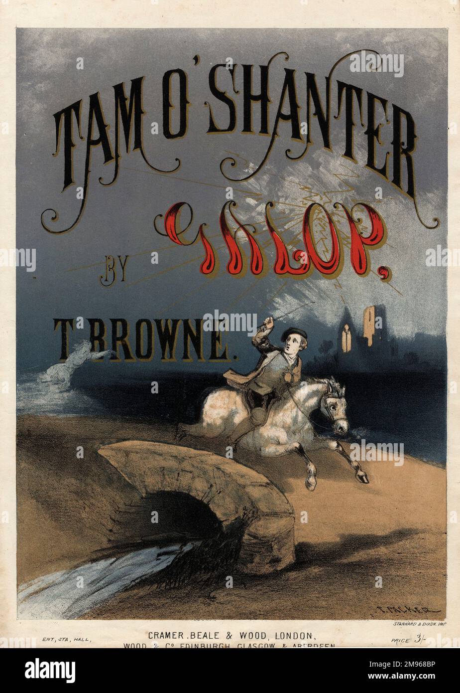 TAM O'Shanter galoppiert auf seinem Pferd über die Brücke, um den Hexen zu entkommen. Auf dem Cover dieses Notenblatts finden Sie den Tam O'Shanter Galop mit Musik von Thomas Browne, basierend auf dem Gedicht von Robert Burns. Stockfoto