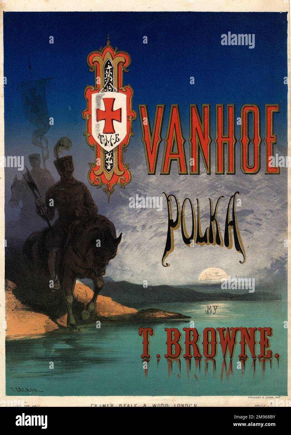 Cover-Design für ein Notenblatt der Ivanhoe Polka von Thomas Browne, das zwei mittelalterliche Reiter in Rüstung am Ufer eines Flusses im Mondlicht zeigt, basierend auf dem Roman von Sir Walter Scott. Stockfoto