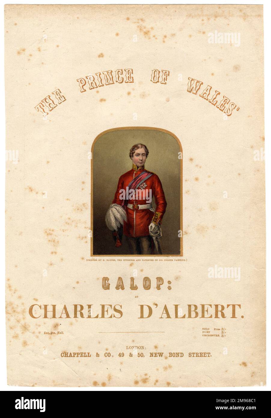 Cover-Design auf einem Notenblatt mit dem Prince of Wales Galop von Charles d'Albert. Der Prinz von Wales (später Edward VII) selbst wird in zeremonieller Uniform dargestellt, darunter eine rote Militärjacke, ein Schwert und ein Federmütze. Stockfoto