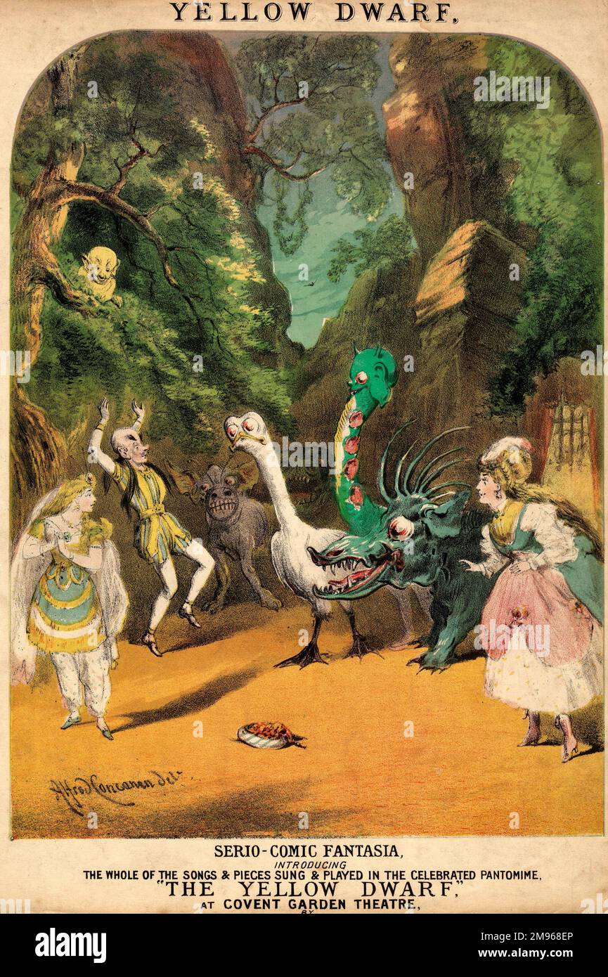 Cover-Design für eine Sammlung von Musik aus dem Pantomime, dem Gelben Zwerg, einer serio-Comic-Fantasie, die im Covent Garden Theatre aufgeführt wird. Auf der Bühne sind verschiedene Figuren abgebildet, darunter der Gelbe Zwerg selbst auf einem Baum, zwei Frauen, ein Mann und einige sehr seltsam aussehende Tiere. Das Pantomime basiert auf einer Märchengeschichte der Gräfin d'Aulnoy und war im 19. Jahrhundert sehr beliebt. Stockfoto