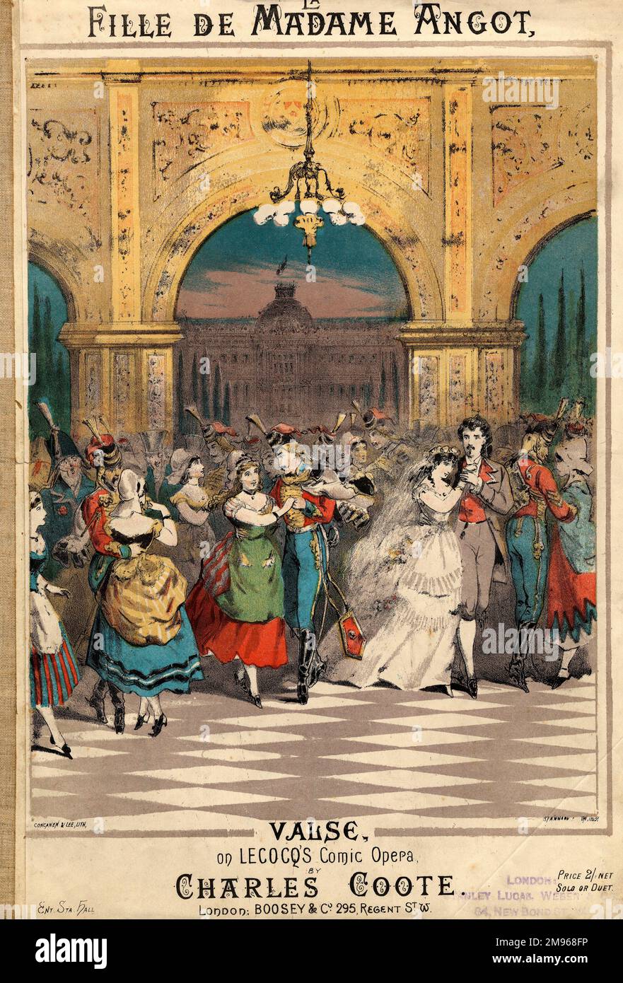 Titelmusik für La Fille de Madame Angot Valse, ein Walzer, der durch die Comic-Oper von Charles Lecocq (1832-1918), La Fille de Madame Angot, beliebt wurde und erstmals 1872 auftrat. Der Walzer aus der Oper wurde hier von Charles Coote arrangiert, wahrscheinlich für Klavier (Solo und Duett). Eine farbenfroh gekleidete Menschenmenge wird dargestellt, die auf der Bühne herumtanzt -- einige von ihnen sind Hussars in Uniform. Die Oper wurde Ende 1790er, kurz nach der Französischen Revolution, aufgelegt. Stockfoto