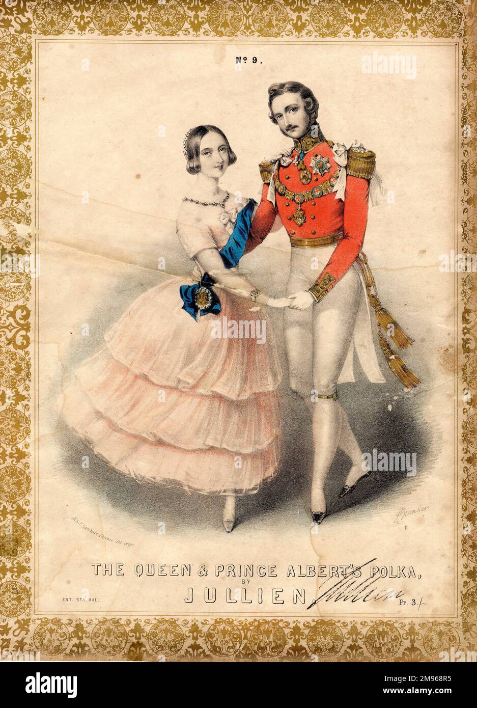 Musikcover für die Queen and Prince Albert's Polka von Louis Antoine Jullien (1812-1860). Victoria und Albert werden zu Beginn ihrer Ehe dargestellt und wenden sich dem Zuschauer zu, während er die Polka tanzt. Er trägt rot-weiß-goldene Uniform mit einer Kette und mehreren Medaillen. Sie trägt ein blassrosa Chiffonkleid mit einer hellblauen Schärpe. Stockfoto