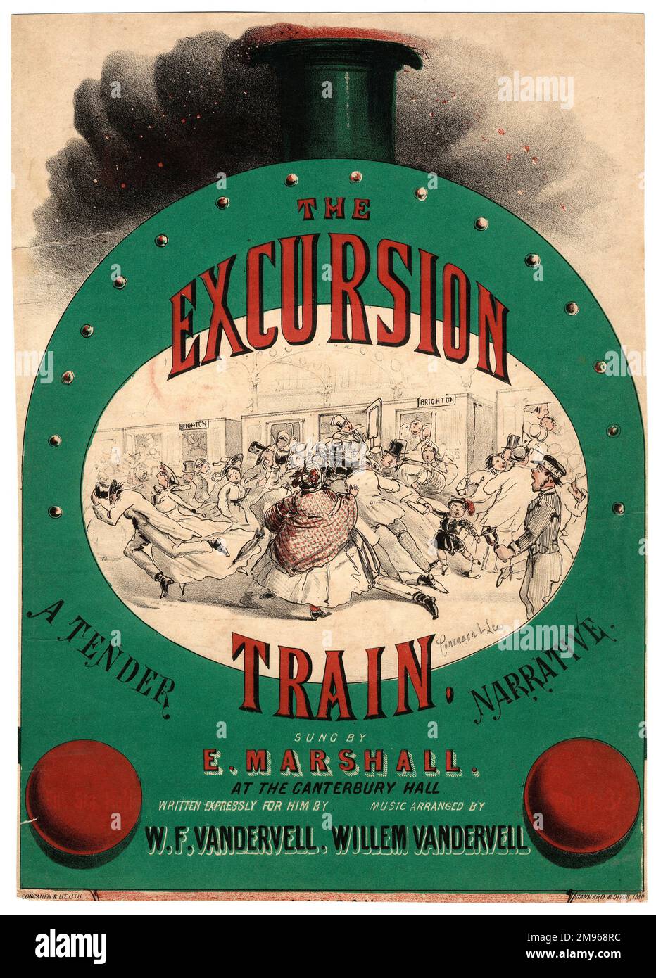 Titelmusik für den Excursion Train, eine zarte Erzählung, gesungen von E Marshall in der Canterbury Music Hall in Lambeth, London. Worte von W. F. Vandervell, Musik von Willem Vandervell. Es wird ein chaotischer Bahnsteig dargestellt, auf dem Menschenmassen versuchen, sich in einen bereits vollen Brighton-Zug zu quetschen, bevor er abfährt. Stockfoto