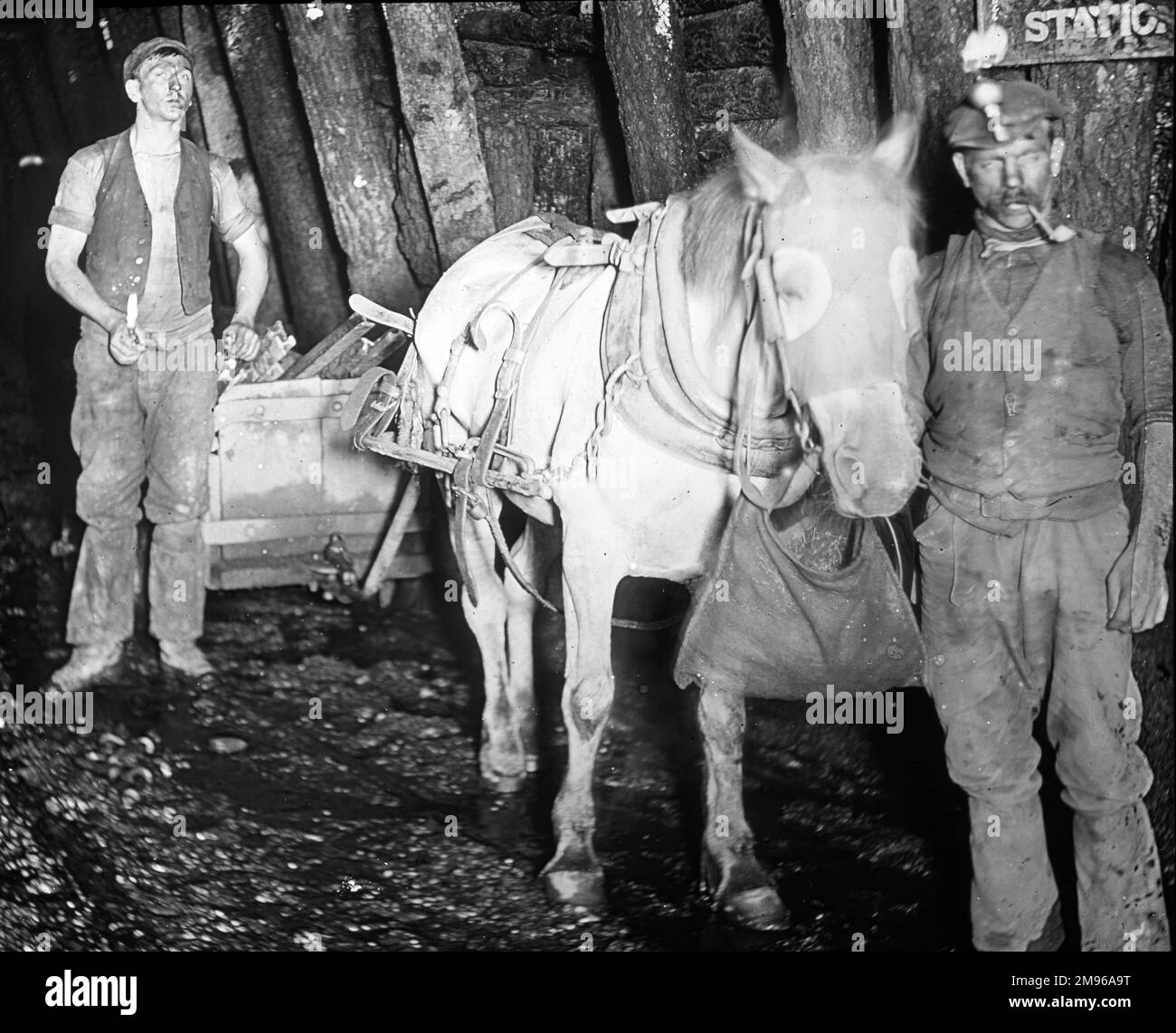 Ein Spediteur und sein Assistent, mit einem Pony, der einen Truck zieht, auf Baldwins Clog and Legging Level, nahe Pontypool, South Wales. Stockfoto