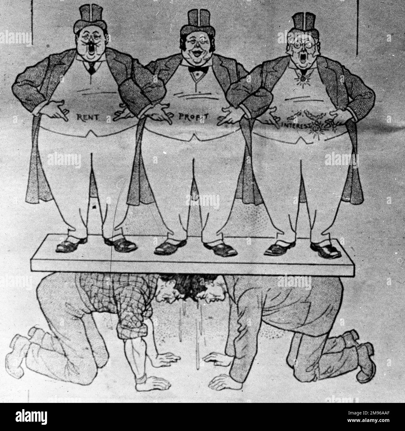 Ein Propagandakartoon von W E Jones, für seinen Vater, der sich für die Unterstützung der Miners' Union einsetzt. Es zeigt drei fette Herren, die Miete, Gewinn und Zinsen repräsentieren, unterstützt von zwei schwitzenden Bergleuten. Stockfoto