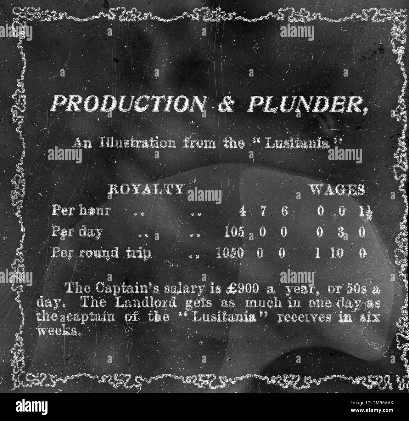 Eine Folie mit dem Titel Production & Plunder, die für einen Vortrag über die South Wales Miners Federation verwendet wird. Es sind Statistiken aufgeführt, in denen die Lizenzgebühren für die Nutzung von Kohle auf dem Luxusdampfer Lusitania mit den Löhnen der Bergleute verglichen werden. Stockfoto
