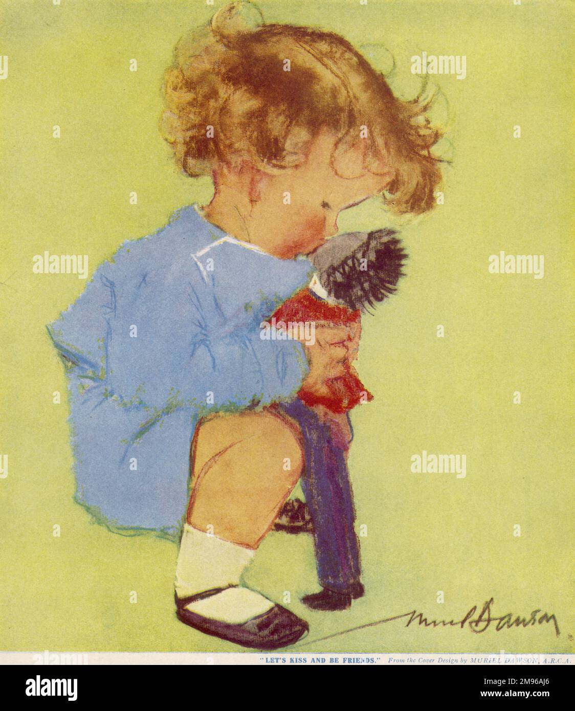 Eine charmante Abbildung zeigt ein kleines Kind, das sein Lieblingsspielzeug, einen golliwog, küsst. Stockfoto