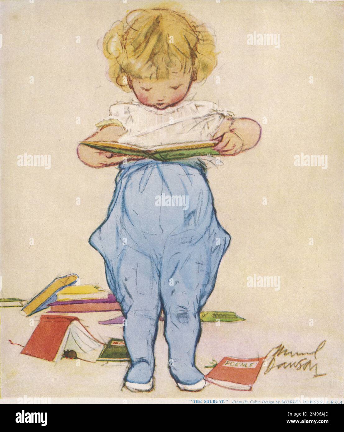 Ein kleines Kind steht vor einem Buch, und mehrere weitere wurden zu ihren Füßen weggeworfen. Stockfoto