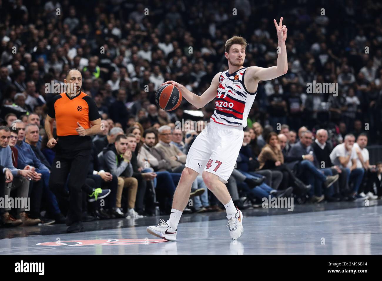 Belgrad, Serbien, 13. Januar 2023. Arturs Kurucs von Cazoo Baskonia Vitoria Gasteiz Gesten während des EuroLeague-Spiels der Turkish Airlines 2022/2023 zwischen Partizan Mozzart Bet Belgrad gegen Cazoo Baskonia Vitoria Gasteiz in der stark Arena in Belgrad, Serbien. 13. Januar 2023. Kredit: Nikola Krstic/Alamy Stockfoto