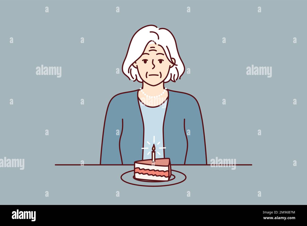 Eine einsame ältere Frau sitzt am Tisch mit einem Stück Kuchen mit Kerze und leidet an der Abwesenheit von Verwandten und Freunden. Unglückliche Großmutter feiert Geburtstag allein und braucht Unterstützung. Flaches Vektorbild Stock Vektor