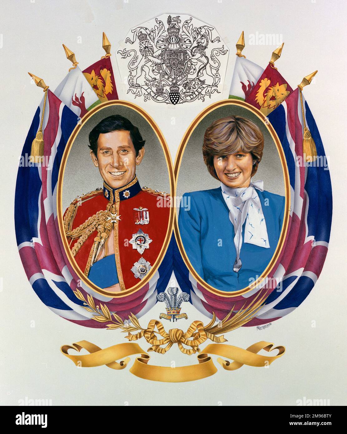 Ein königliches Gemälde von Lady Diana Spencer (1961-1997), Prinzessin von Wales und Prinz Charles (1948-), mit Wappen und Flaggen. Möglicherweise gemalt, um ihre Verlobung zu feiern. Stockfoto