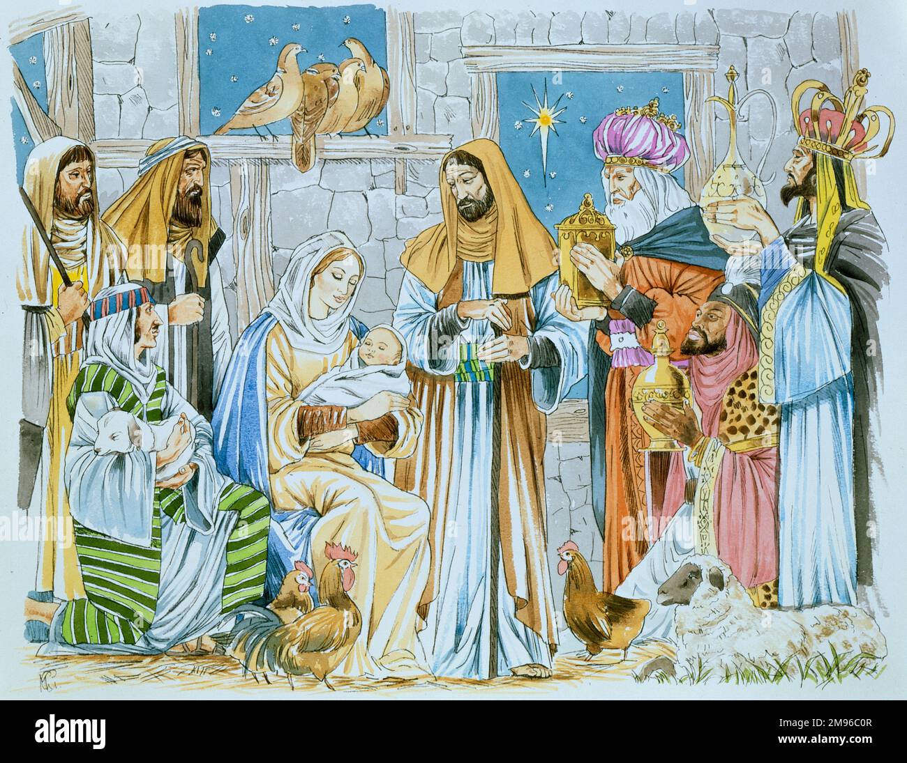 Eine Weihnachtsszene mit den drei Königen, die Geschenke für das Jesuskind bringen. Stockfoto