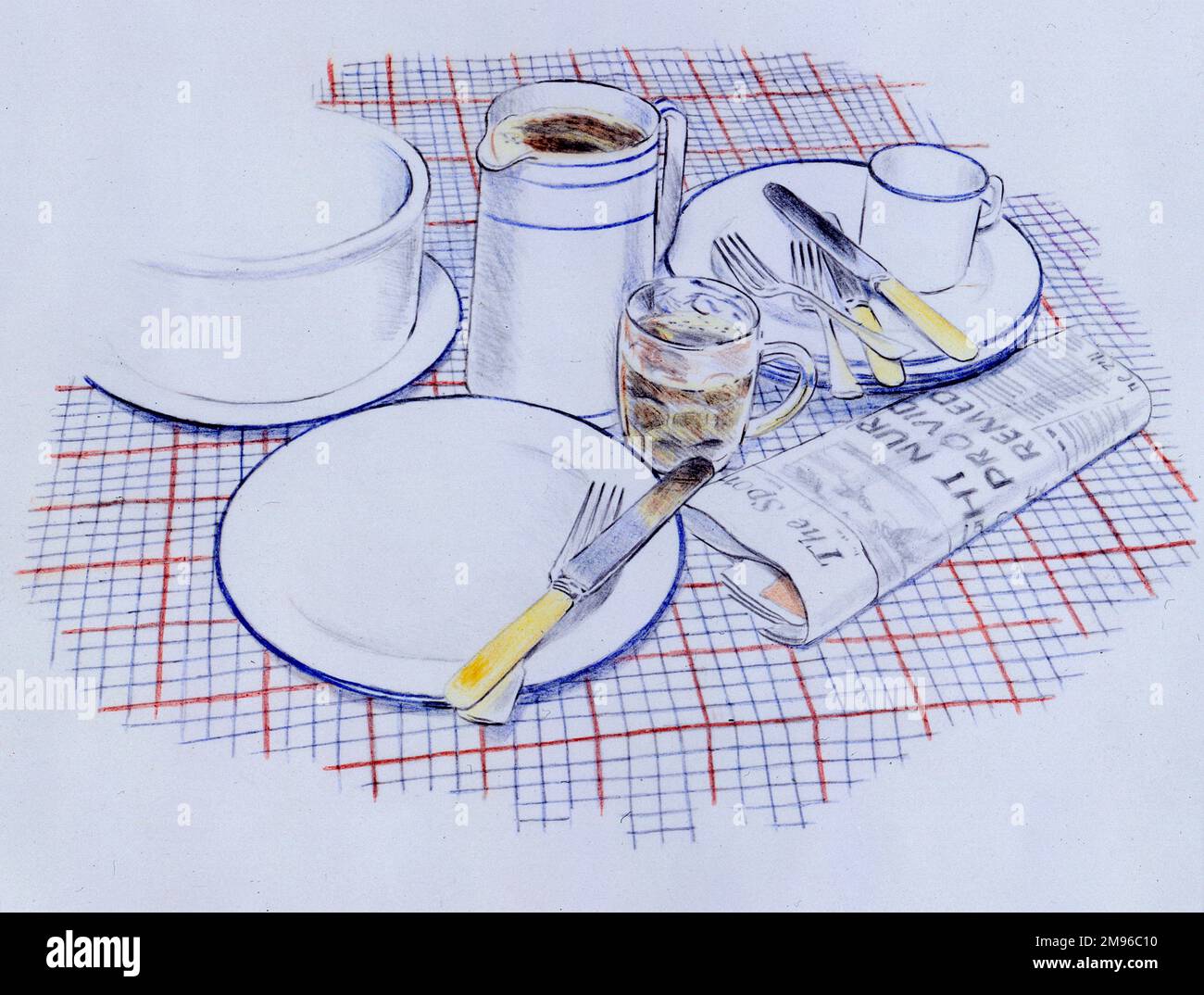 Ein Stillleben auf einem Tisch, mit Geschirr, Besteck, einem Bierglas und einer gefalteten Zeitung. Stockfoto