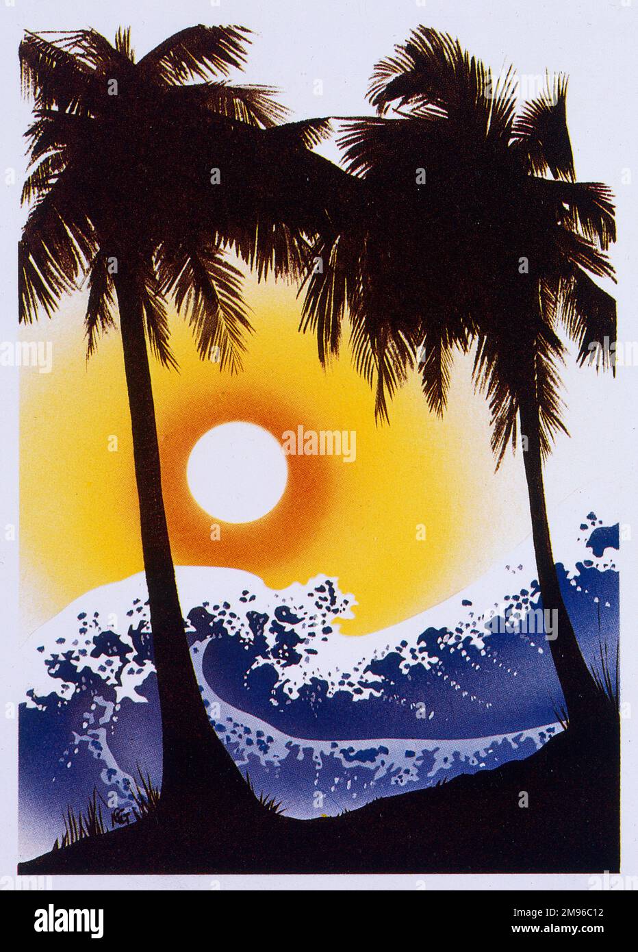 Inspiriert von Hokusai zeigt dieses Grafikbild von Malcolm Greensmith eine tropische Insel, die durch das schwache Licht der Abendsonne als bedrohliche hohe Wellen (ein Tsunami?) in eine scharfe Silouette geworfen wird. Es nähert sich der tropischen Ruhe des Vordergrundparadieses. Stockfoto