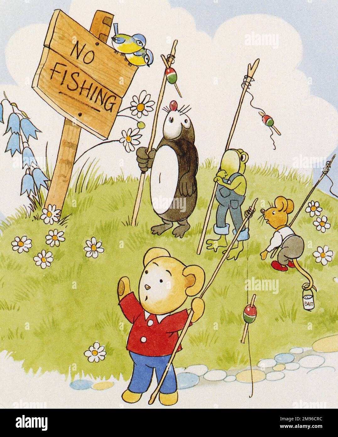 Ein Bär und seine Freunde gehen auf einen Angelausflug, sind aber enttäuscht, ein Schild mit der Aufschrift „No Fishing“ zu sehen, wenn sie das Wasser erreichen. Stockfoto