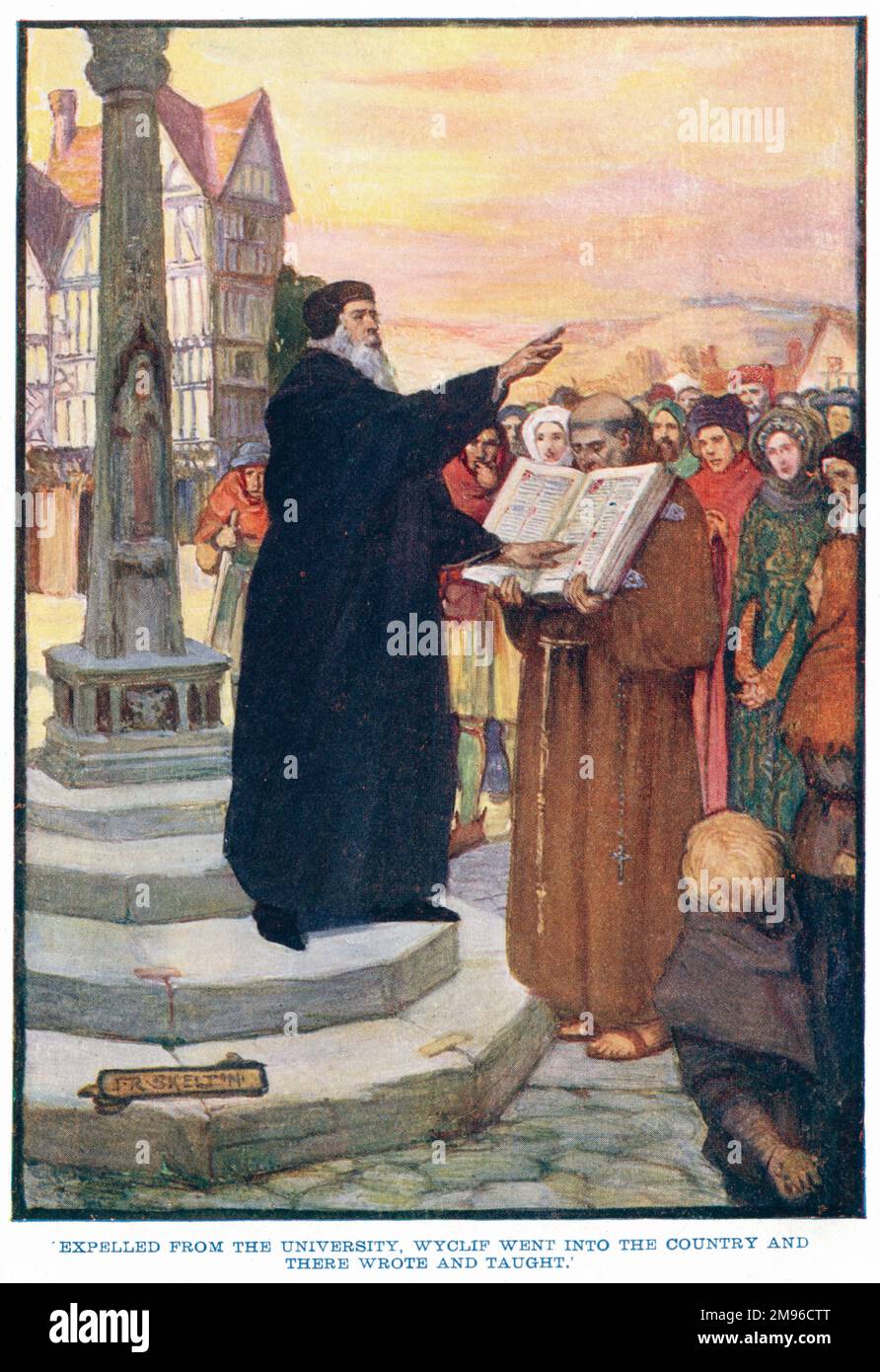 Wyclif wurde von der Universität verwiesen, ging ins Land und schrieb und unterrichtete. John Wyclif (c.1324-1384), englischer Theologe und Reformist, der von der Universität Oxford ausgeschlossen wurde, weil er sich der päpstlichen Autorität widersetzte (zu dieser Zeit war der Papst in Avignon, nicht in Rom), predigt dem Volk. Seine Anhänger waren bekannt als die Lollards. Stockfoto