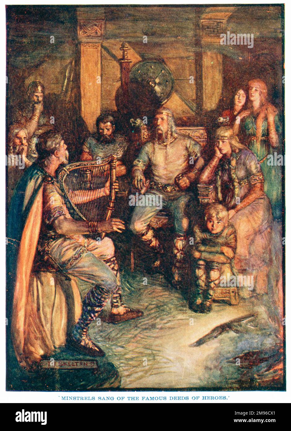 "Minstrels sangen von den berühmten Taten der Helden." Ein mittelalterliches Minstrel mit einer keltischen Harfe singt Geschichten für ein reizendes Publikum von Männern, Frauen und Kindern. Stockfoto