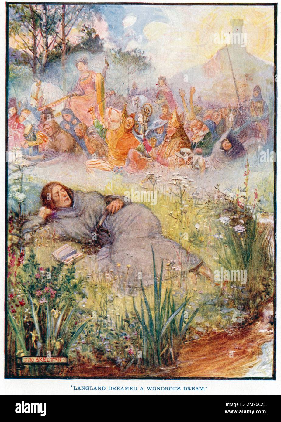 Langland träumte einen wunderbaren Traum. William Langland, in seinem Gedicht Piers Ploughman aus dem 14. Jahrhundert, schläft in den Malvern Hills ein und träumt von einem „fairen Feld voller Menschen“. Stockfoto