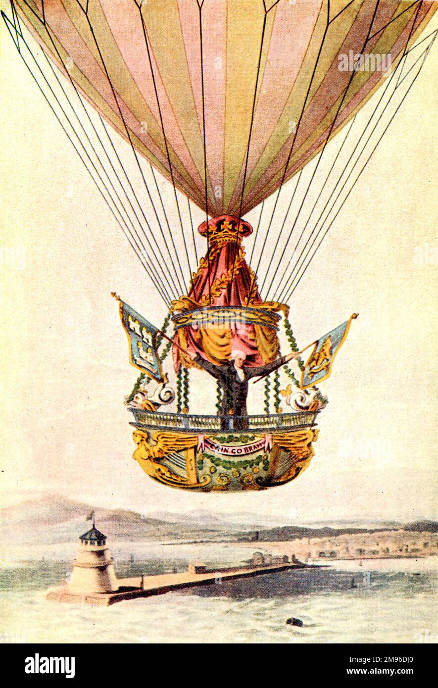 James Sadler in seinem Heißluftballon über dem Leuchtturm von Dublin, 1810 Stockfoto