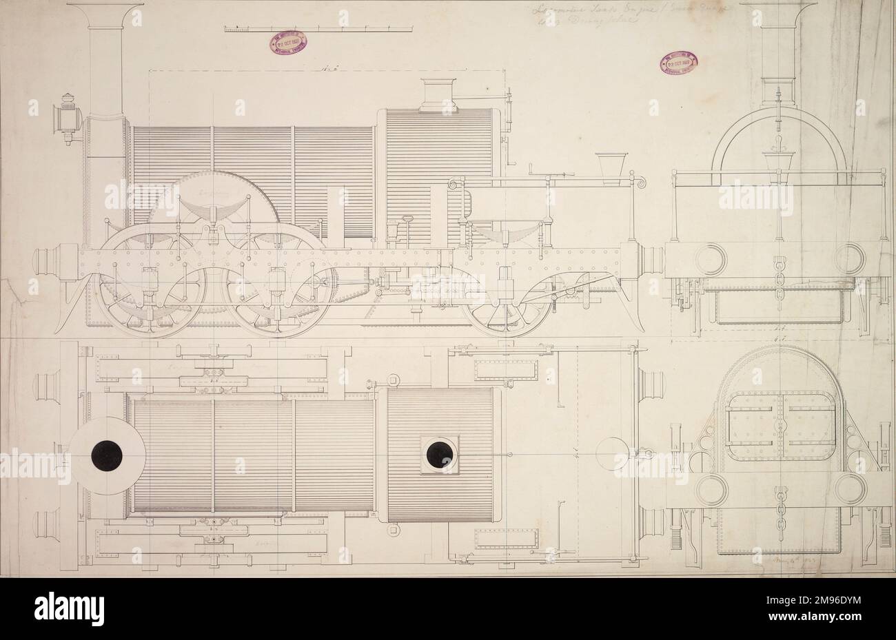 Lokomotivtank, 4 Fuß 9 Zoll Antriebsrad, Plan-, Seiten-, Front- und Endanhebung 4. Mai 1849 Stockfoto