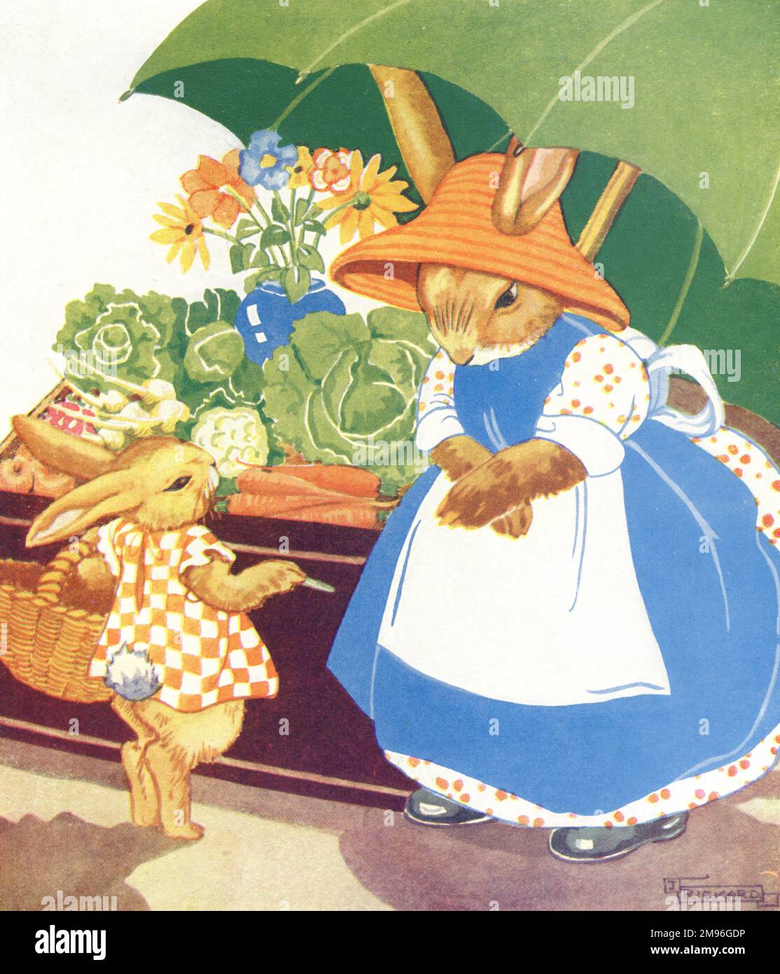 Die Kaninchenmutter bleibt unter einem großen grünen Regenschirm, während das Kaninchen entscheidet, welches Gemüse in den Warenkorb gelegt wird. Stockfoto