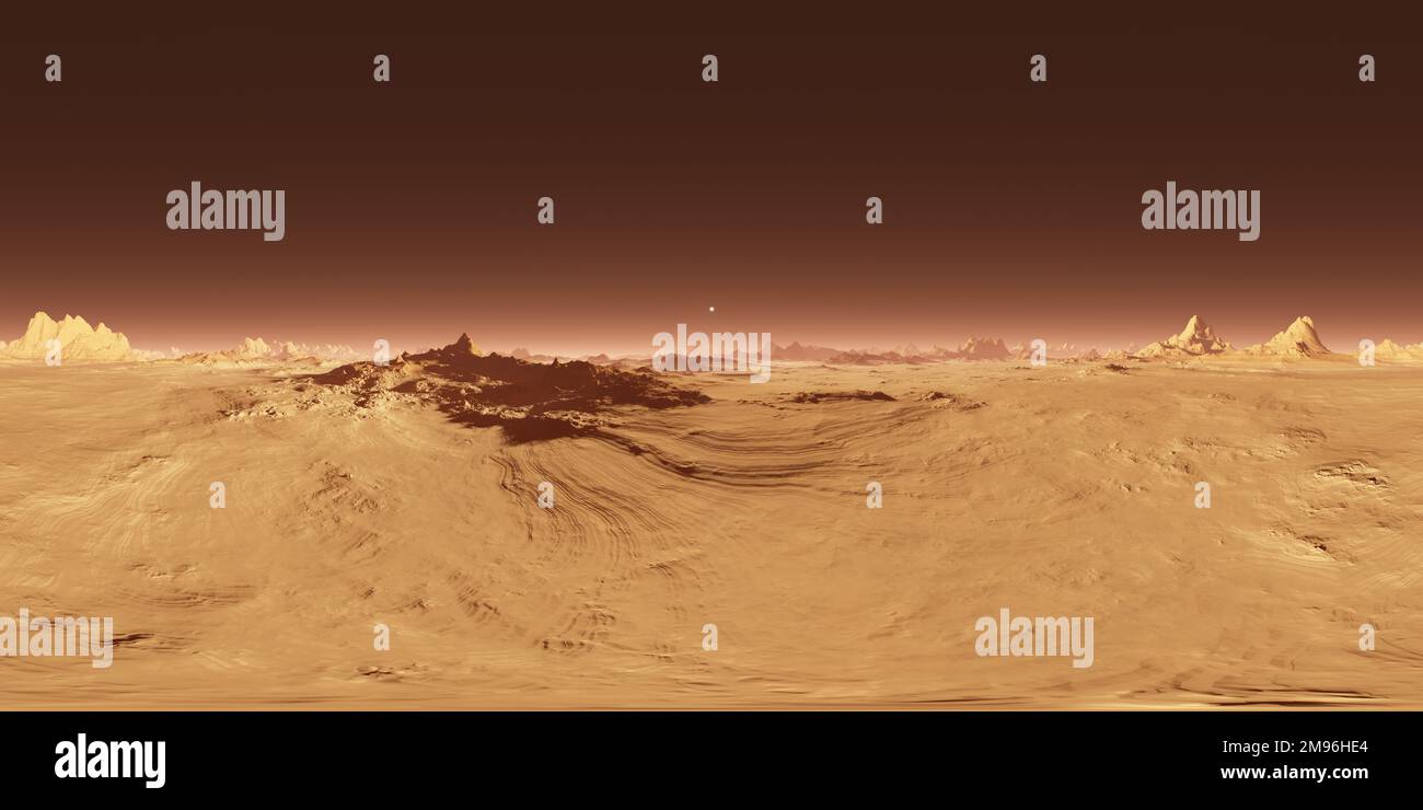 360 rechteckige Projektion des Mars-Sonnenuntergangs. Marslandschaft, HDRI-Umgebungskarte. Sphärisches Panorama. 3D Abbildung Stockfoto