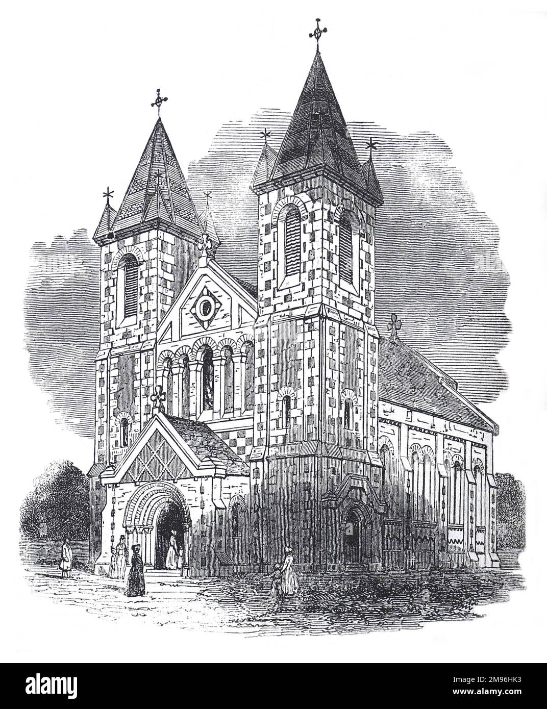 Die Neue Kirche St. John, der Evangelist in Kensall Green, London. Schwarz-Weiß-Illustration aus den London Illustrated News; August 1844. Stockfoto