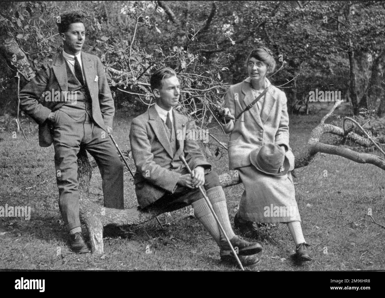 Drei Leute -- zwei Männer und eine Frau -- posieren für ihr Foto mit einem Ast. Stockfoto
