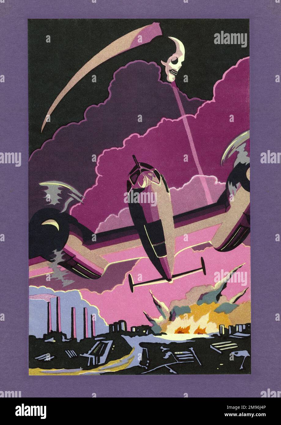Ein Art déco-Design, das ein britisches Flugzeug darstellt, das Bomben auf eine deutsche Industrielandschaft wirft, mit einem Schädel und einer Sense, die oben schwebt. Eine Illustration von Sergeant J. W. Lambert zu einem Buch der Poesie von Sergeant R. P. L. Mogg, produziert als beide Kriegsgefangene in Deutschland während des Zweiten Weltkriegs waren. Stockfoto
