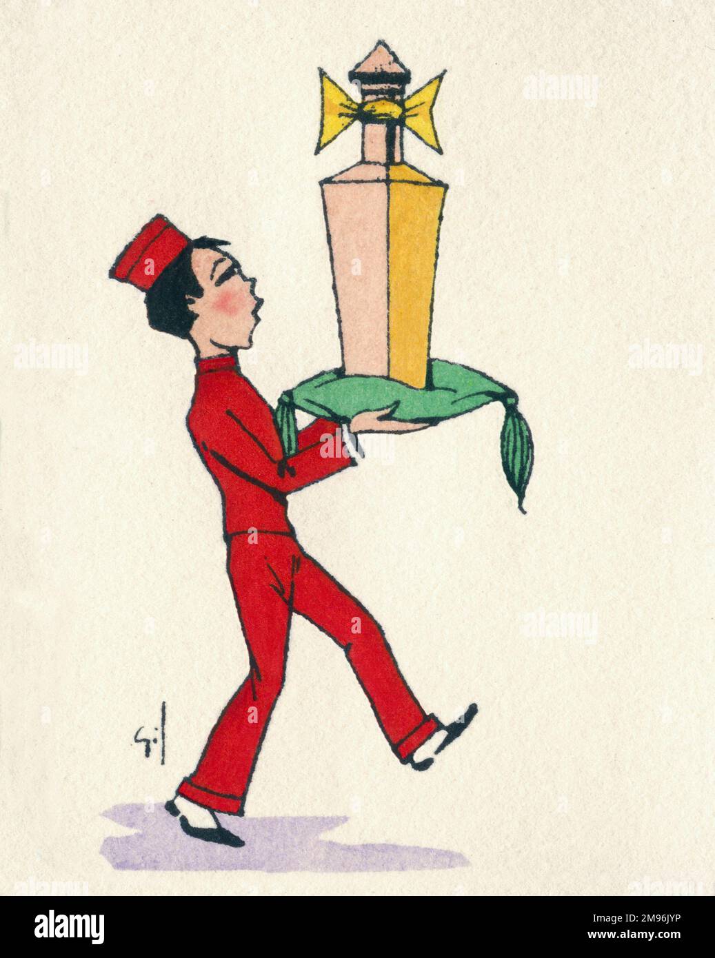 Visitenkartendesign, das einen Hotelpagen in einer roten Uniform darstellt, der eine große Flasche Parfüm auf einem grünen Kissen trägt. Stockfoto